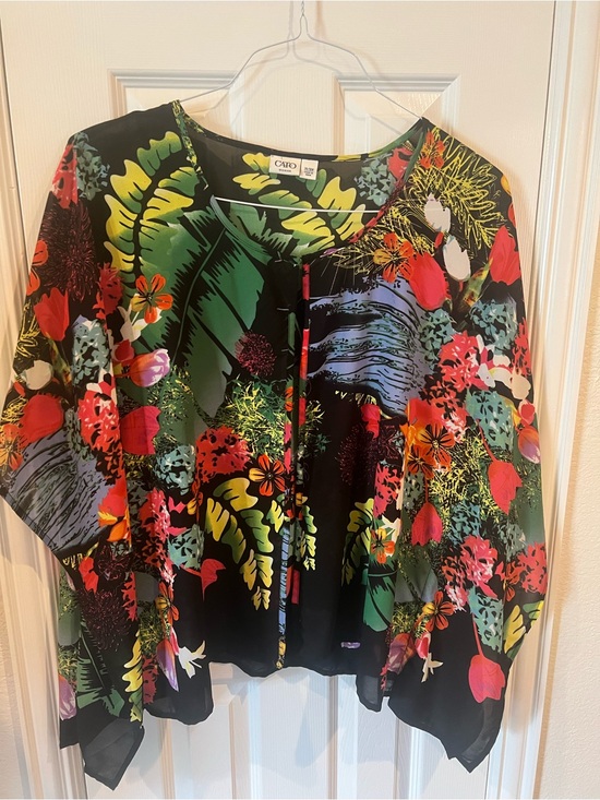 Cato Tops - Cato Black Floral Open-Front Kimono Top with Multicolor Botanicals